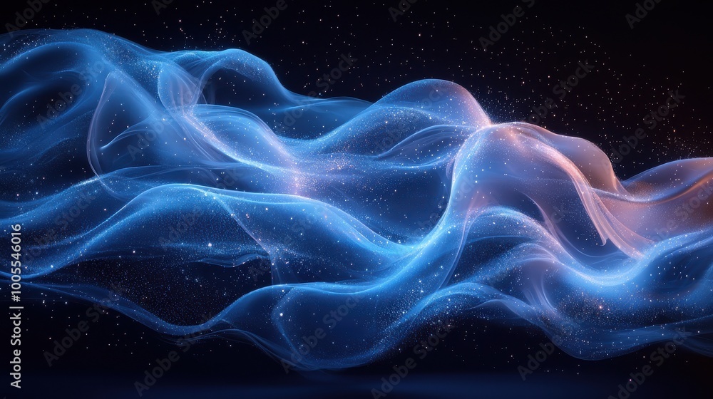 Poster ethereal blue waves gracefully flowing through a starry midnight backdrop in a celestial display of 