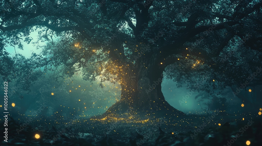 Aufkleber a mystical tree illuminated by gentle lights in a serene forest, creating an enchanting atmosphere o