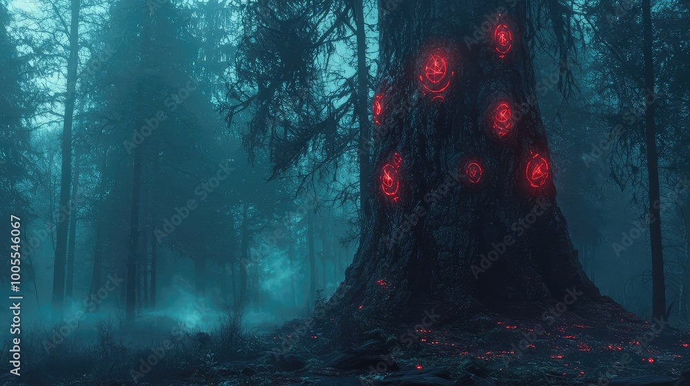 Poster a mystical tree in a foggy forest, adorned with glowing red symbols, creating an enchanting and eeri