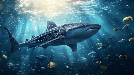 Fototapeta premium A large whale shark swims through a vibrant coral reef, bathed in sunlight.