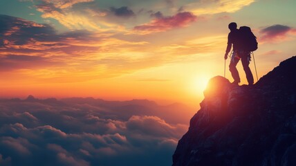 Obraz premium Silhouette of a hiker enjoying sunset on mountain peak above clouds.