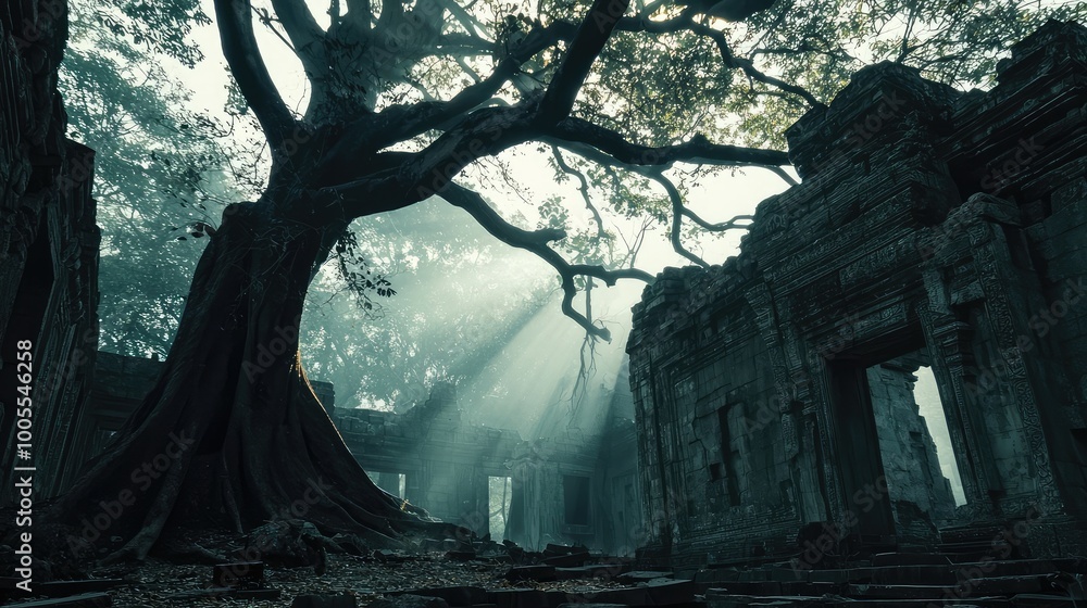 Poster a mystical tree towers over ancient ruins, bathed in soft light rays, creating an enchanting and ser