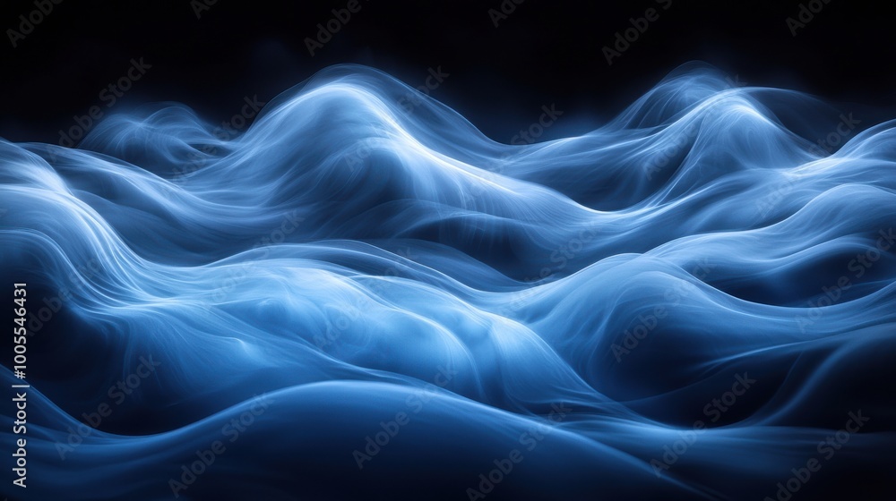 Poster ethereal blue waves undulating gracefully in a darkened space, creating an atmospheric and calming v