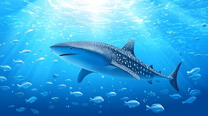 Fototapeta premium A large whale shark swims through a school of fish, with sunlight shining down from above.