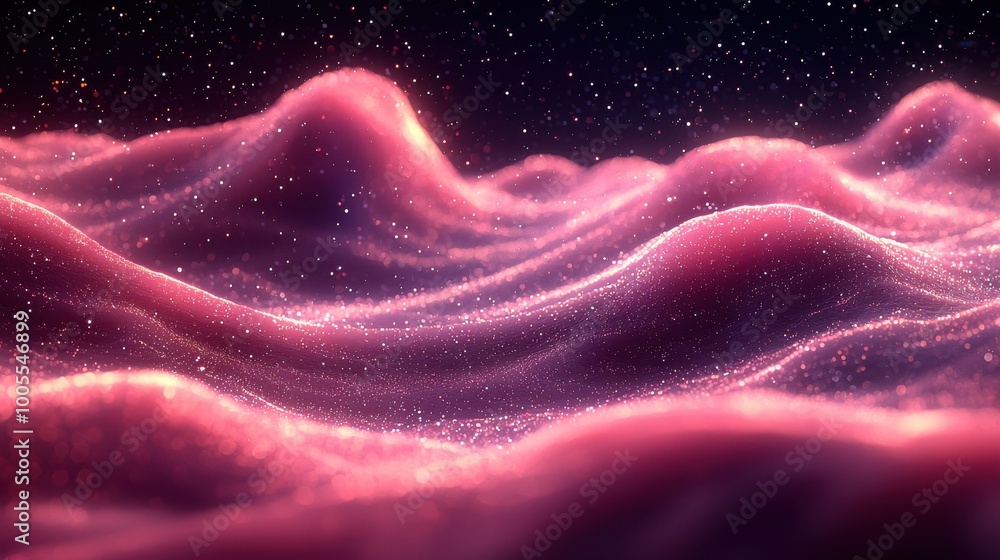 Poster abstract representation of undulating waves with shimmering particles in a cosmic pink backdrop duri