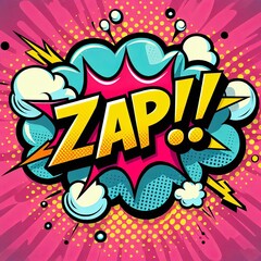 Comic style speech bubble with the word Zap in bold letters surrounded by clouds and lightning. Pop art explosion design
