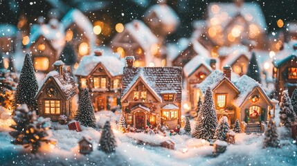Fototapeta premium A picturesque snowy village scene with charming houses, twinkling lights, and a magical winter atmosphere.