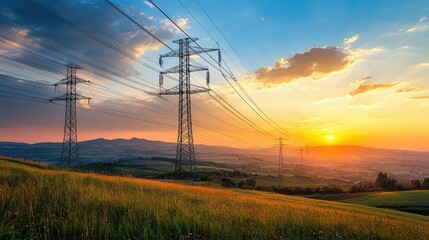 A picturesque sunset view featuring power lines silhouetted against a vibrant sky, highlighting the beauty of nature and industry.
