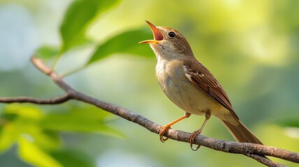 Fototapeta premium Singing bird perched on a branch amidst lush green foliage.