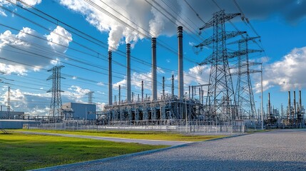 Fototapeta premium A power plant with towering smokestacks and transmission lines under a blue sky, showcasing energy production and industrial infrastructure.