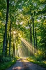 Obraz premium Forest Road Illuminated by Sunrays