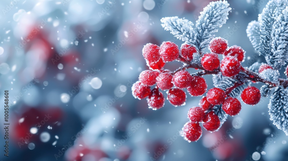 Poster frost-covered red berries on a snowy branch during a winter snowfall in a tranquil forest setting