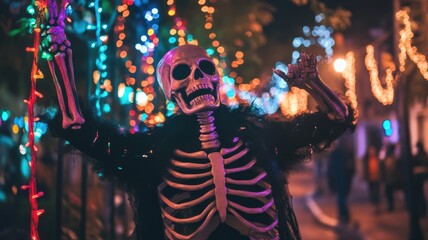 Fototapeta premium Skeleton figure against vibrant festive lights at night.