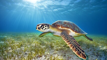 Obraz premium A green sea turtle swims through a coral reef, sunlight shining through the water above.