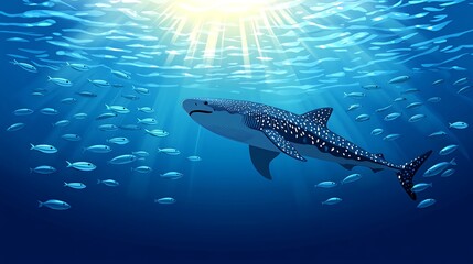 Naklejka premium A large whale shark swims through a school of fish with sun rays shining through the water.