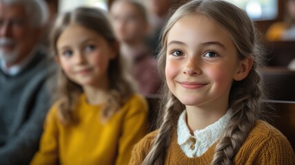 Fototapeta premium Smiling girl in a crowd, enjoying a moment at an event, bright atmosphere.