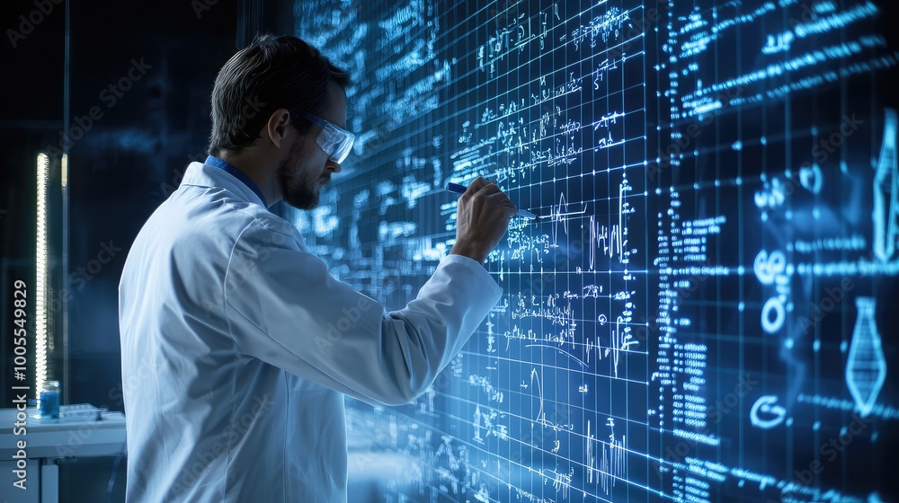 Poster a scientist examines data on a digital screen, showcasing advanced technology and innovation in a mo