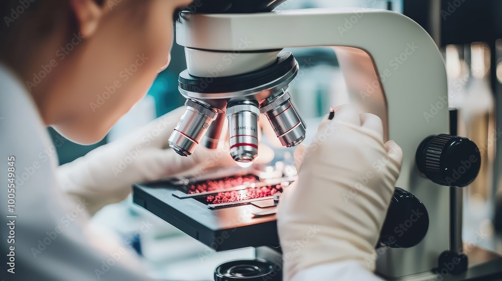 Aufkleber a scientist examines a sample under a microscope in a laboratory setting, highlighting precision and