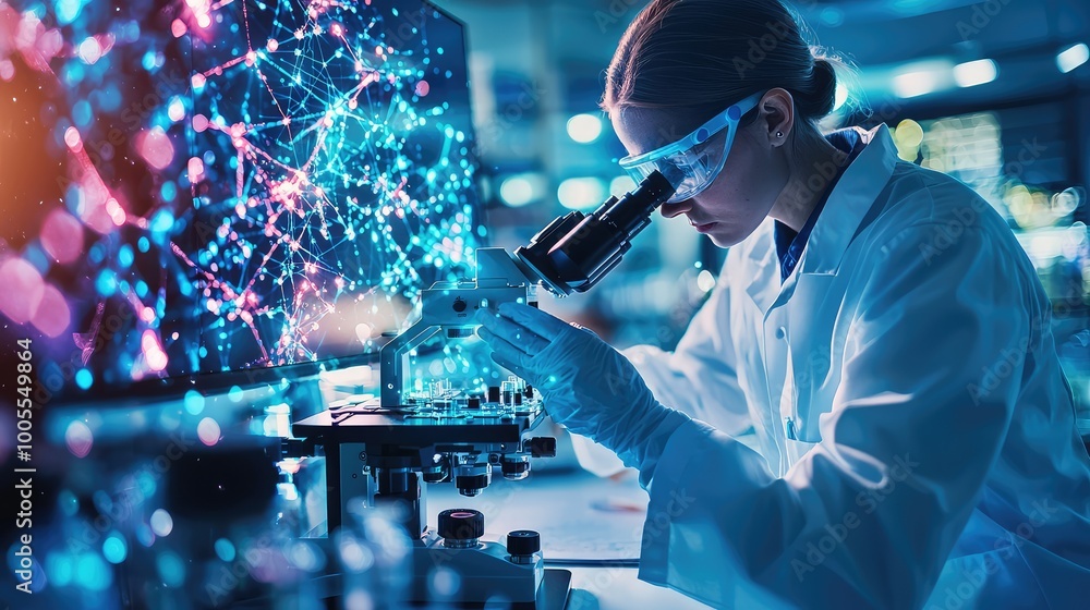Poster a scientist examines data through a microscope, exploring advanced research in a high-tech laborator