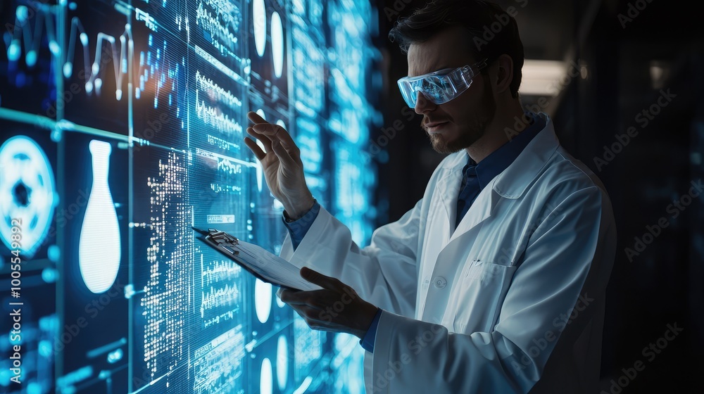 Poster a scientist in a lab coat uses a tablet to analyze digital data on a futuristic touchscreen interfac