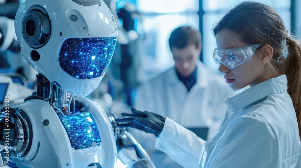 Poster a scientist interacts with an advanced robot in a modern lab, showcasing the fusion of technology an