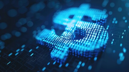 Digital dollar sign made of binary code on a futuristic blue background.