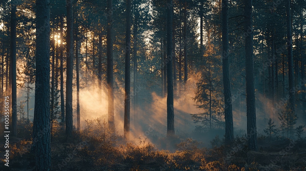 Poster a serene forest scene with sun rays filtering through trees, creating a mystical atmosphere with sof
