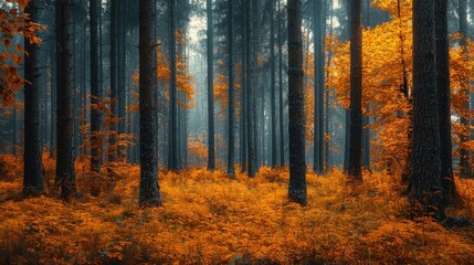 Obraz premium A serene forest scene showcasing vibrant orange foliage under a misty atmosphere, inviting tranquility and nature's beauty.