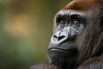 Fototapeta premium Close-up portrait of a thoughtful gorilla against a softly blurred background, showcasing its expressive eyes and intricate facial features.
