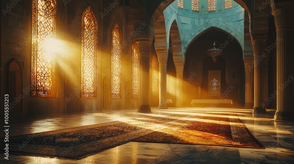 Poster a serene interior featuring stunning light rays illuminating a beautifully designed space with intri