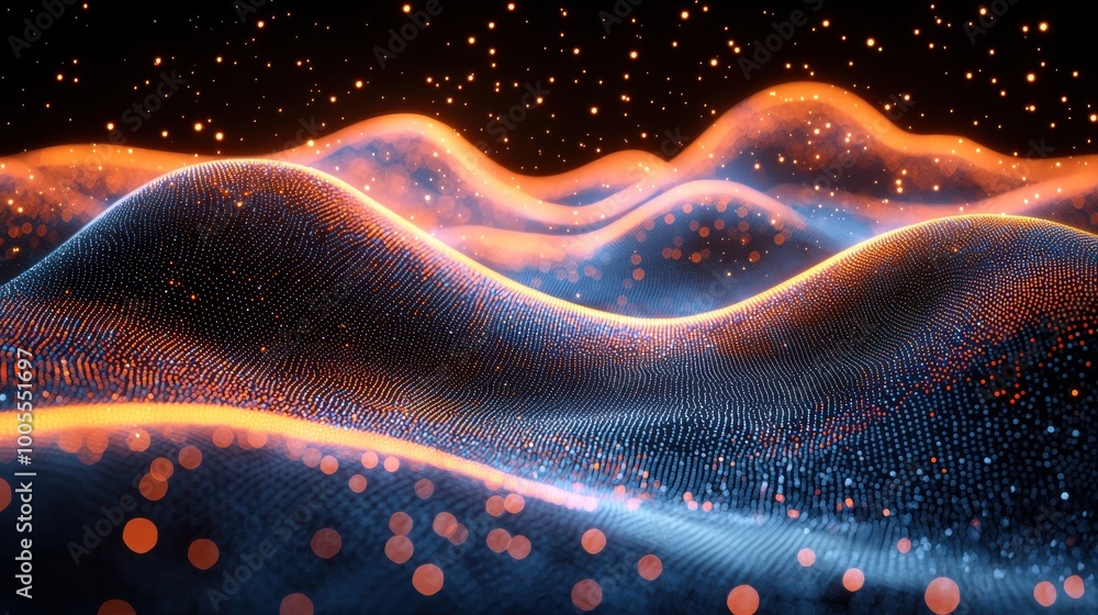 Aufkleber abstract wave patterns illuminated with vibrant orange and blue tones against a dark background, cre