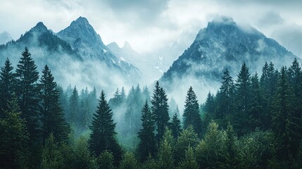Fototapeta premium A serene landscape featuring majestic mountains surrounded by mist and lush evergreen forests under a cloudy sky.