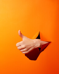 Woman's hand shows thumbs up through orange background