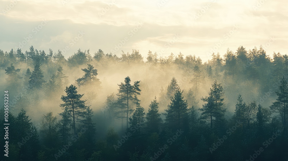 Poster a serene landscape showcasing a misty forest at dawn, with sunlight filtering through the trees, cre