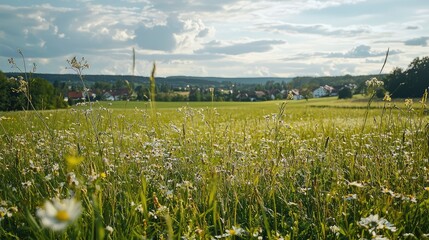 A serene landscape showcasing a lush green field adorned with wildflowers under a bright blue sky with fluffy clouds.