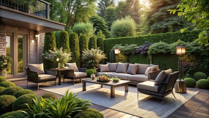 Fototapeta premium Chic Montreal garden adorned with lush greenery features an elegant outdoor luxury patio furniture set, providing a