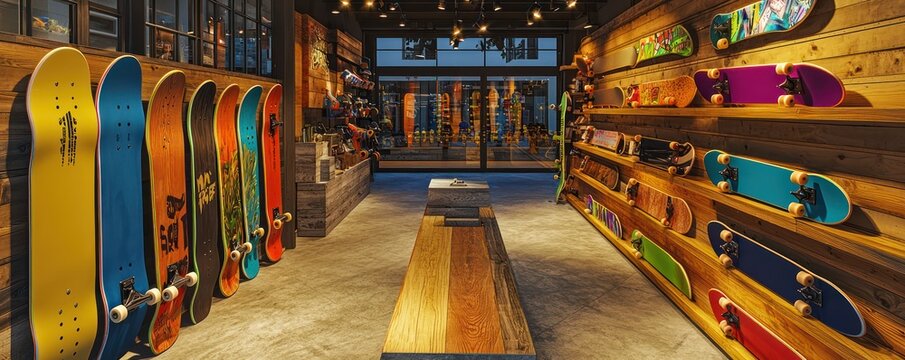 A sustainable skateboard shop featuring decks made from recycled wood, eco-friendly varnishes, and energy-efficient lighting
