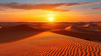 Stunning desert landscape at sunset with golden dunes and vibrant sky.