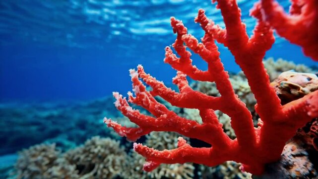 Vibrant coral reef teeming with colorful marine life and tropical fish in a crystal-clear blue ocean