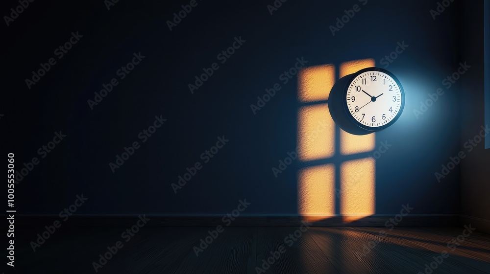 Poster a serene room featuring a clock casting shadows from a window. the interplay of light and shadow cre