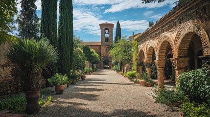 Obraz premium A serene path lined with vibrant greenery and classic architecture, leading to a distant bell tower under a bright blue sky.