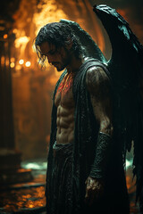 fallen angel stands drenched in a rain-soaked temple contemplating redemption