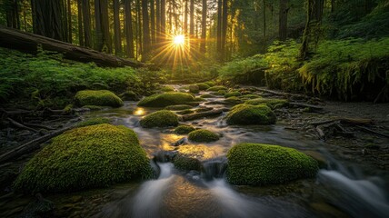 Sunlight streaming through trees, illuminating a serene forest stream with greenery.