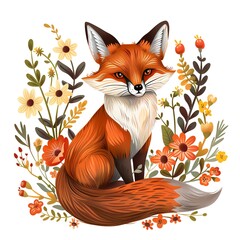 Fototapeta premium Fox with flowers. TShirt Sticker. Adorable illustration of a cute fox with flowers. AI generated