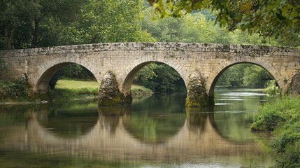 Fototapeta premium A serene stone bridge arches gracefully over calm waters, surrounded by lush greenery, creating a picturesque natural landscape.