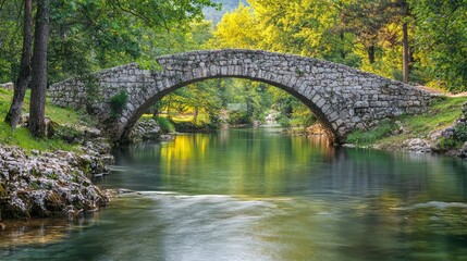 A serene stone bridge over a tranquil river, surrounded by lush greenery and reflections of nature's beauty.