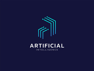 Artificial intelligence with letter a circuit board lines technology Analysis logo vector design concept.   AI technology logotype symbol for advance technology, tech company, ui, innovation, robotic.
