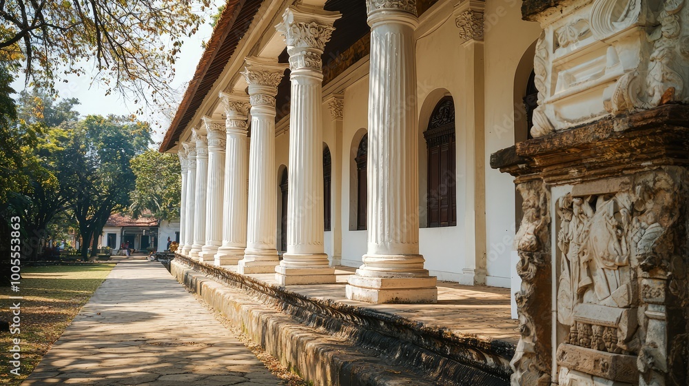 Poster a serene view of a historic building featuring elegant columns and intricate architectural details u