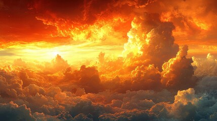 Fototapeta premium Breathtaking sunset view over fluffy clouds illuminated by vibrant orange and red hues in the evening sky