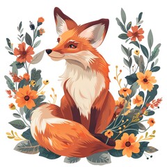 Fox with flowers. TShirt Sticker. Adorable illustration of a cute fox with flowers. AI generated